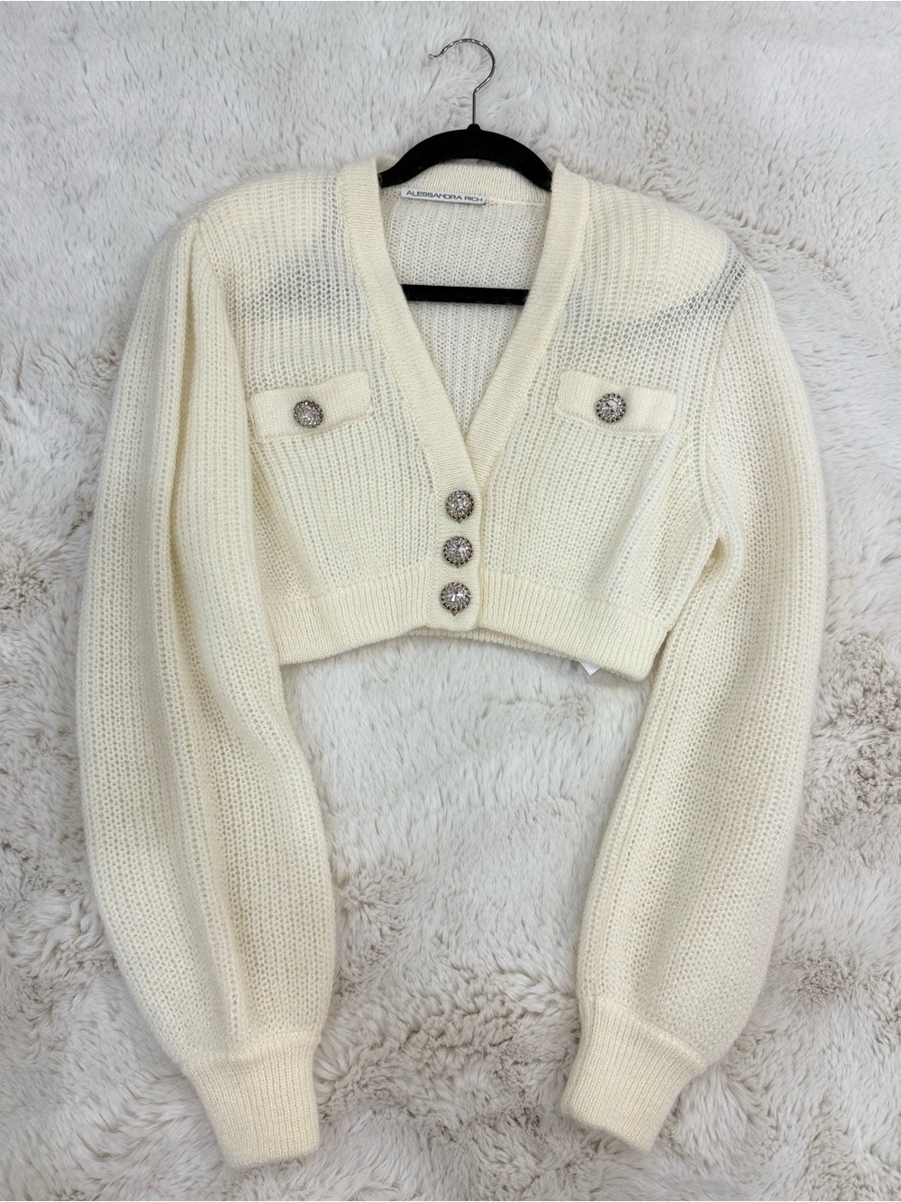 Alessandra Rich Ivory Cropped V-Neck Knit Cardigan with Decorative Buttons